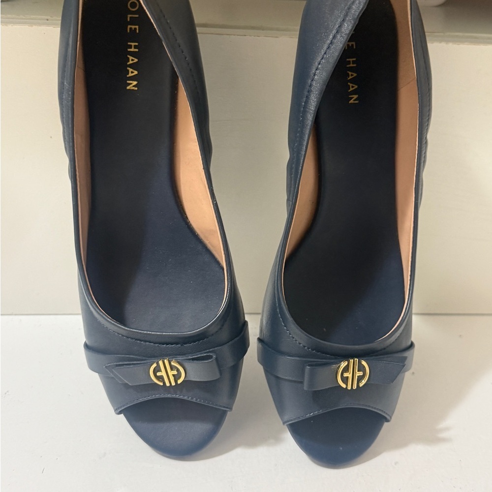 Cole Haan Women's Navy Peep-Toe Flats with Gold Accent - Picture 9 of 16